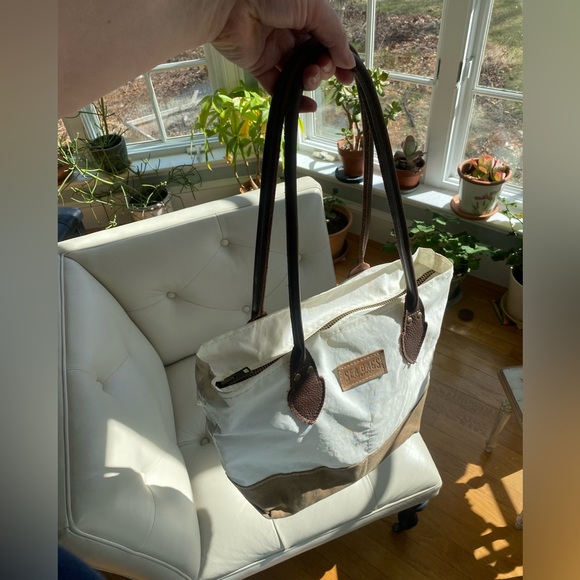 Sea Bags Chebeague Tote Recycled Sailcloth Leather Tan Waxed Canvas Made in USA - Picture 5 of 11